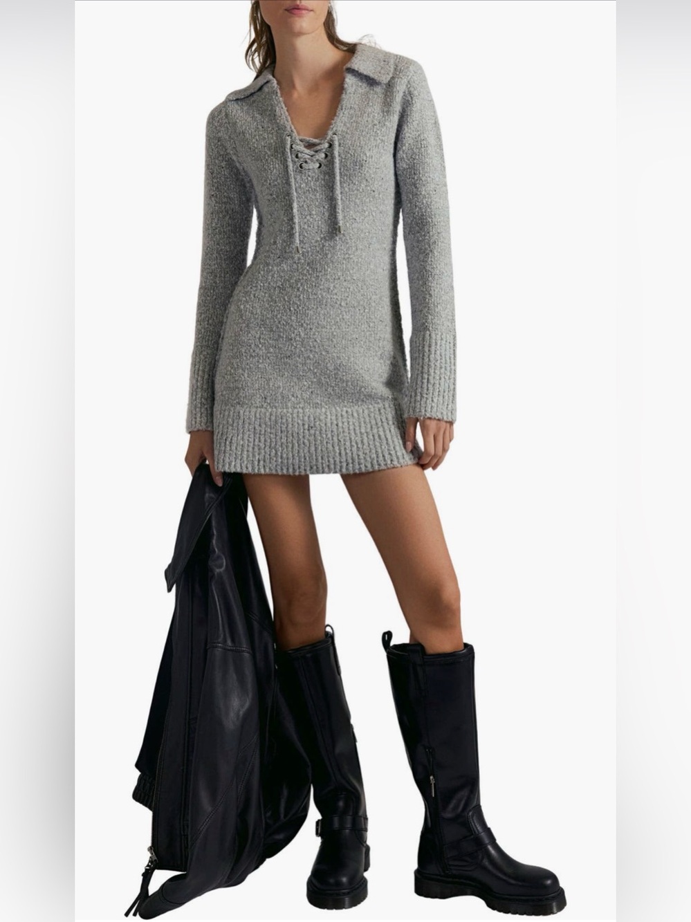 NWT Free People Milena Mini Sweater Dress in Grey Heather Combo color
